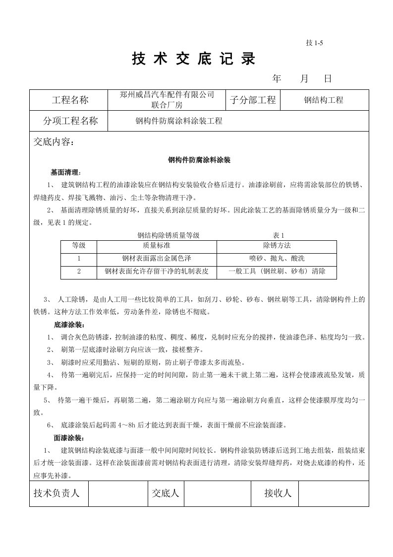 钢结构防腐涂料涂装技术交底