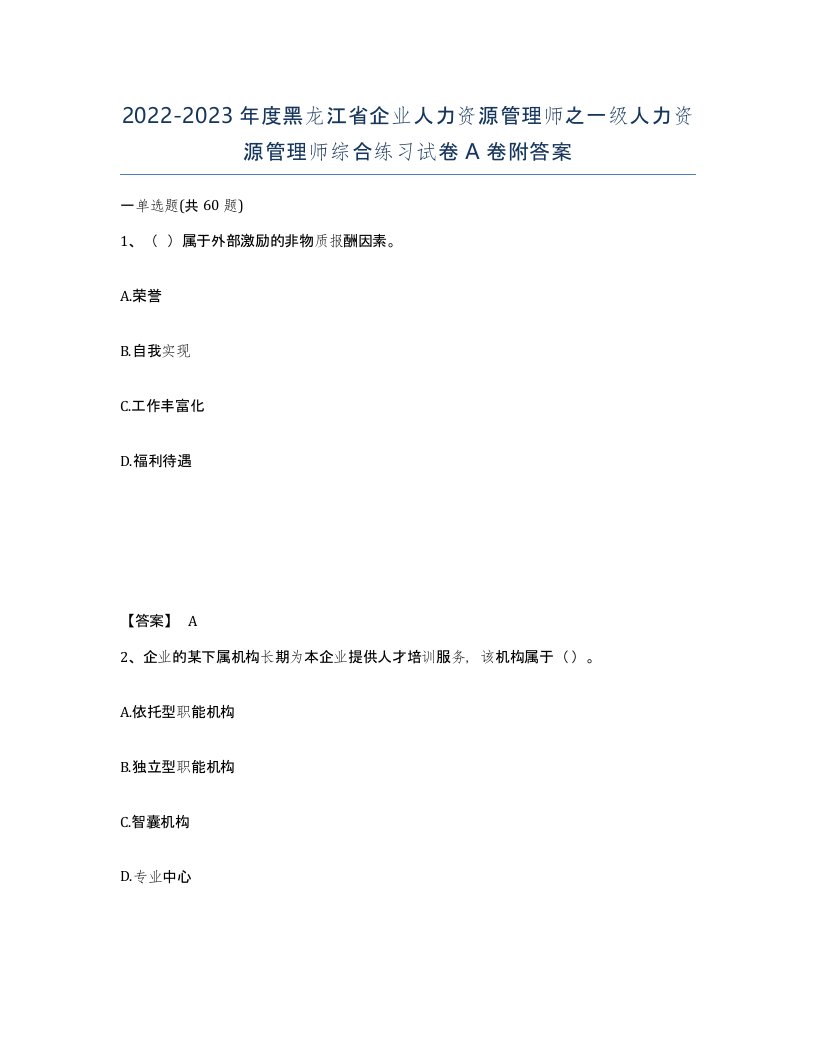 2022-2023年度黑龙江省企业人力资源管理师之一级人力资源管理师综合练习试卷A卷附答案