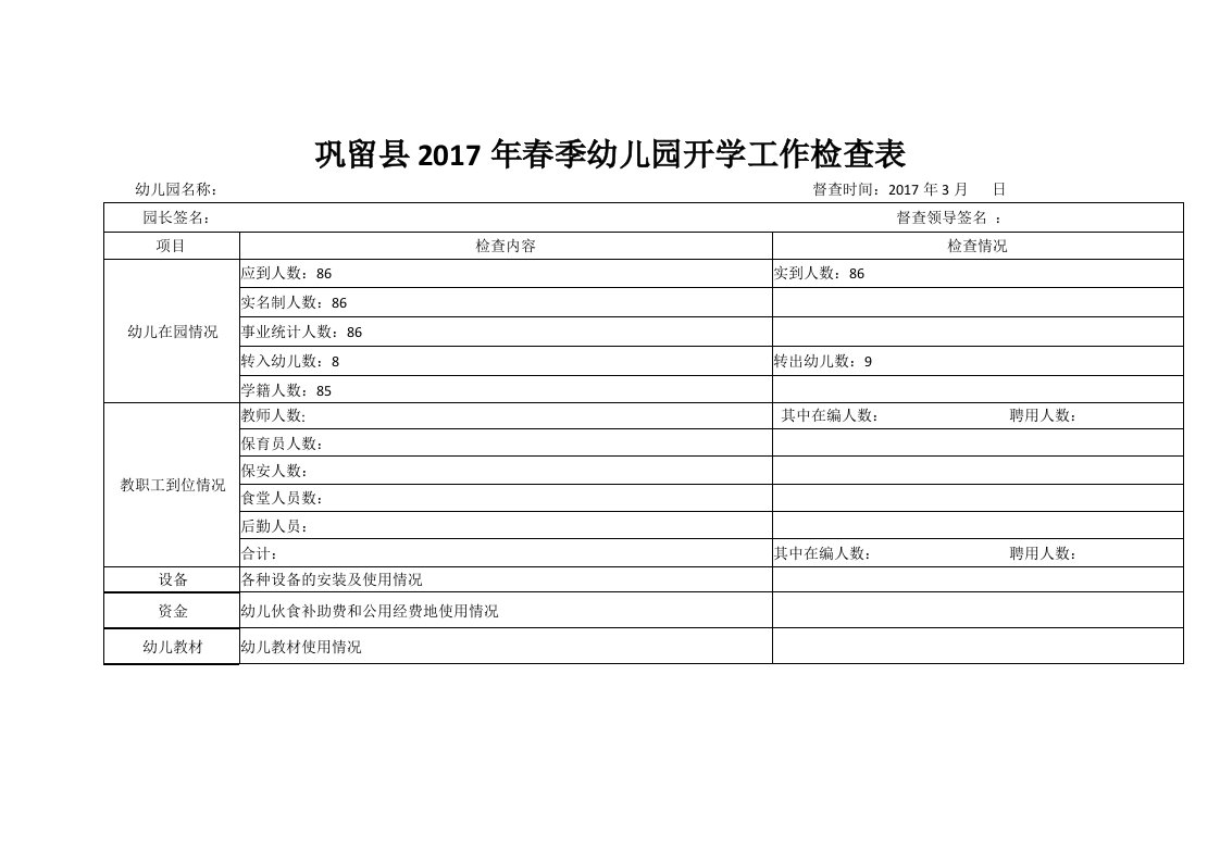 2017年春季幼儿园开学工作检查表