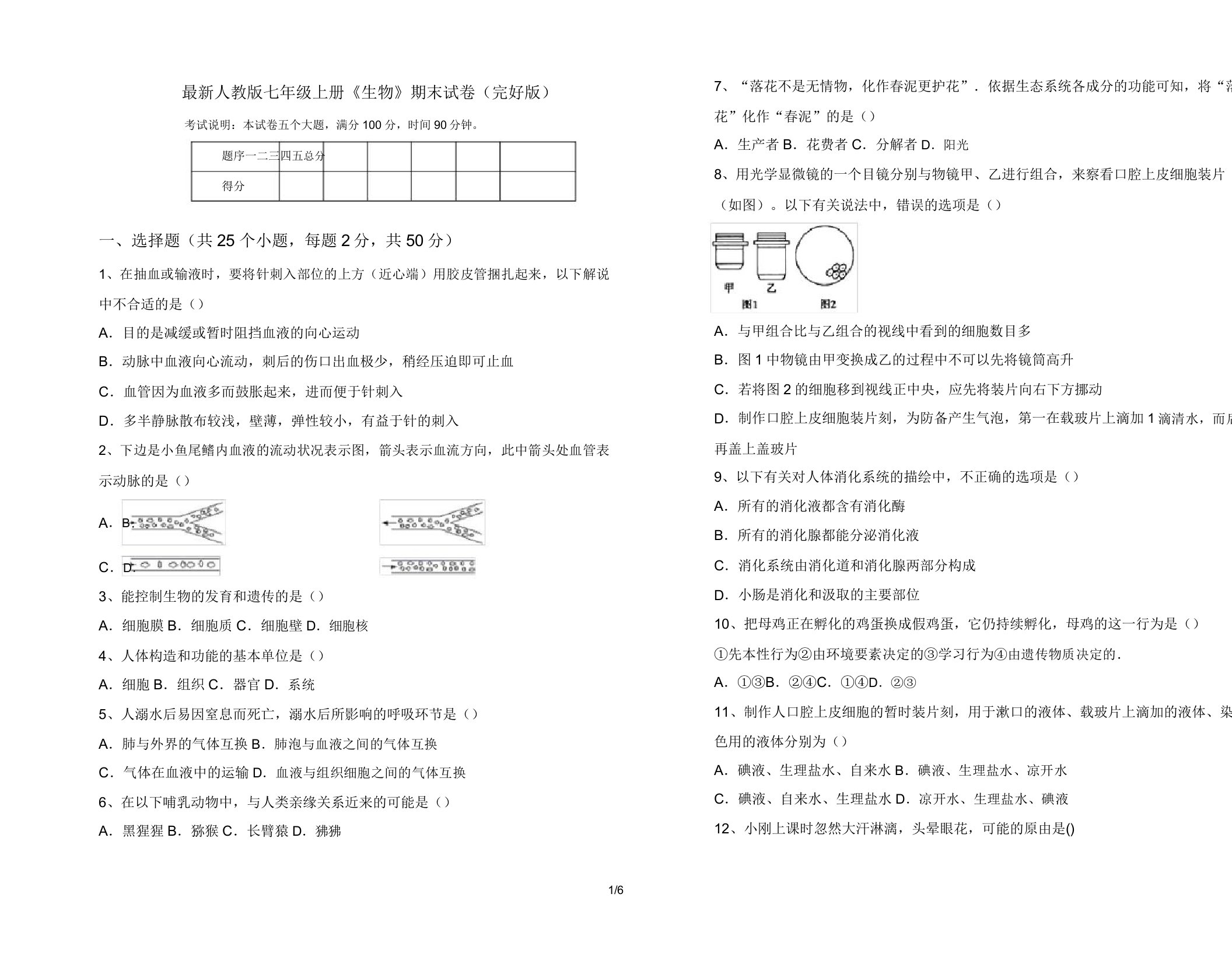 人教版七年级上册《生物》期末试卷24