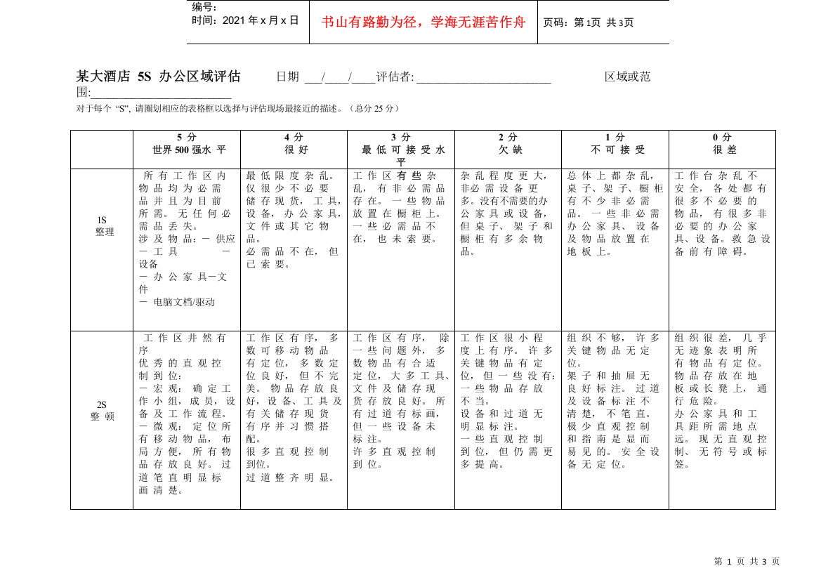 某大酒店5S办公室评估表