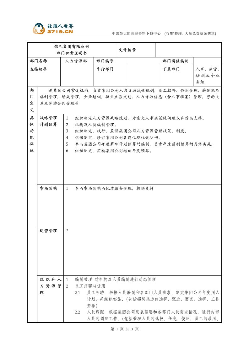 某燃气公司部门职责说明书-人力资源部(doc)-石油化工