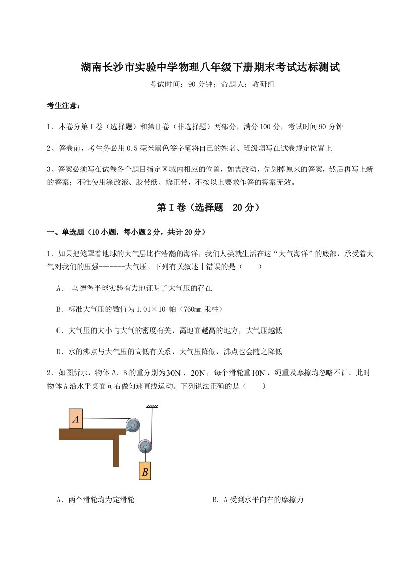 重难点解析湖南长沙市实验中学物理八年级下册期末考试达标测试试题（详解）