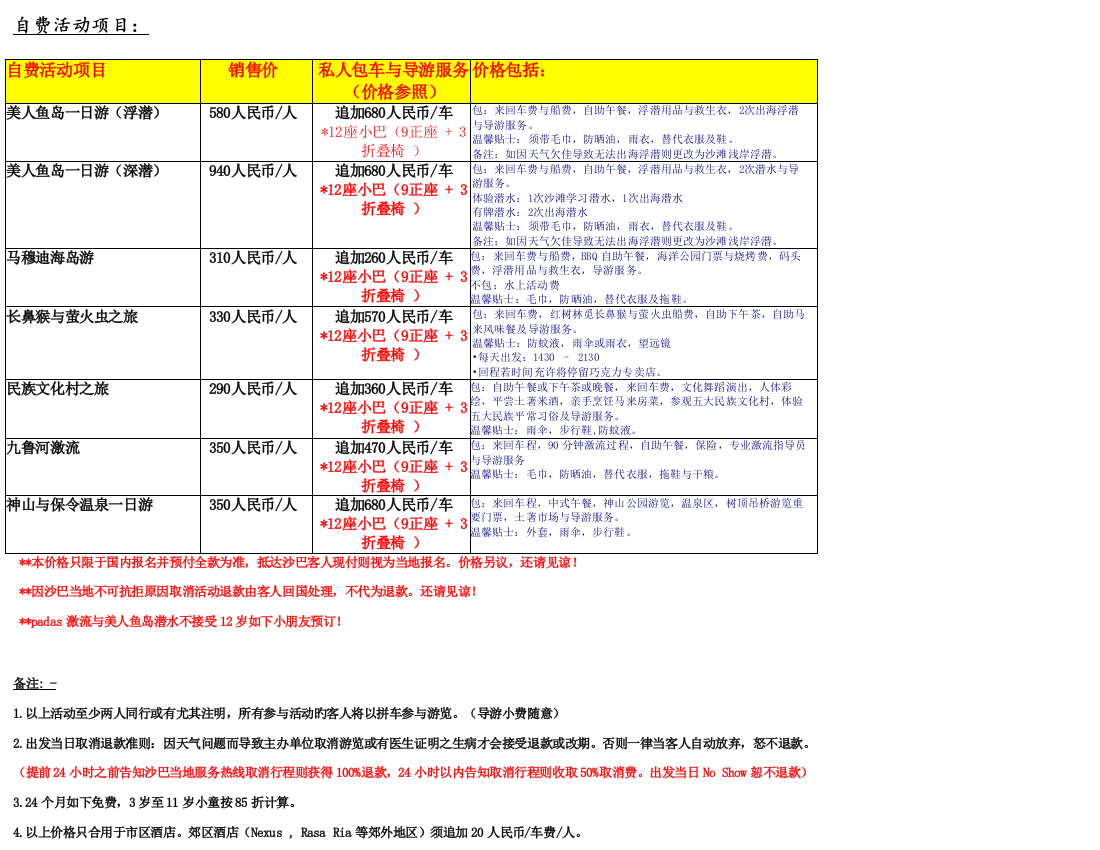 自费活动项目