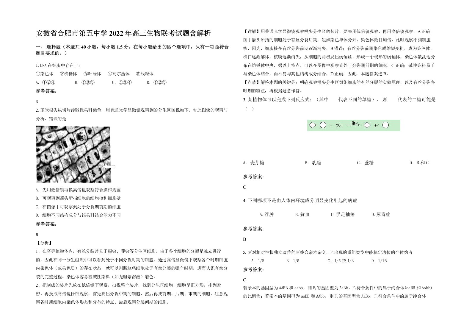 安徽省合肥市第五中学2022年高三生物联考试题含解析