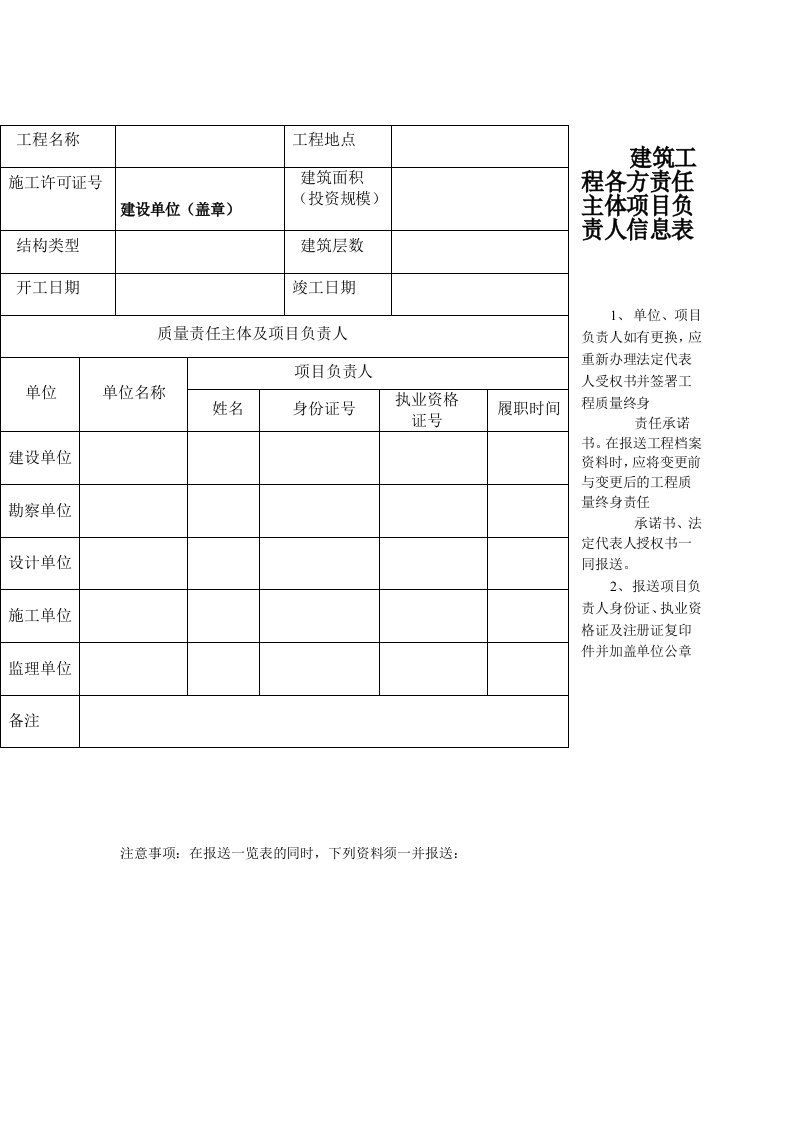 建筑工程各方责任主体项目负责人信息表