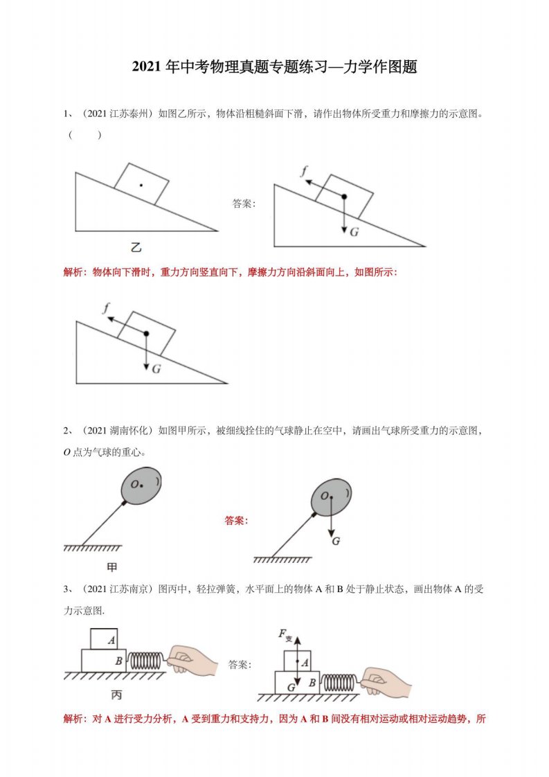 2021年中考物理真题练习—力学作图题