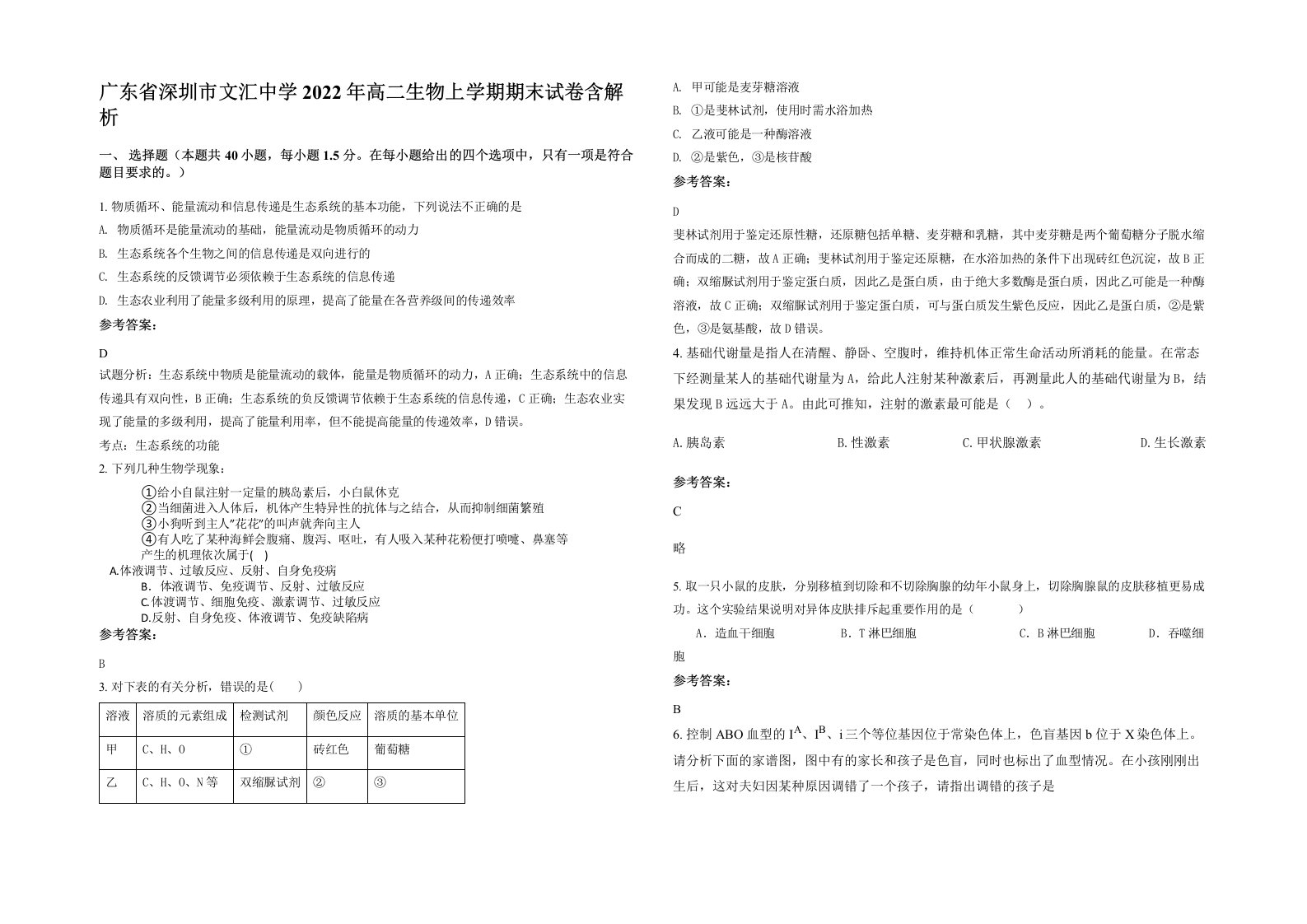 广东省深圳市文汇中学2022年高二生物上学期期末试卷含解析