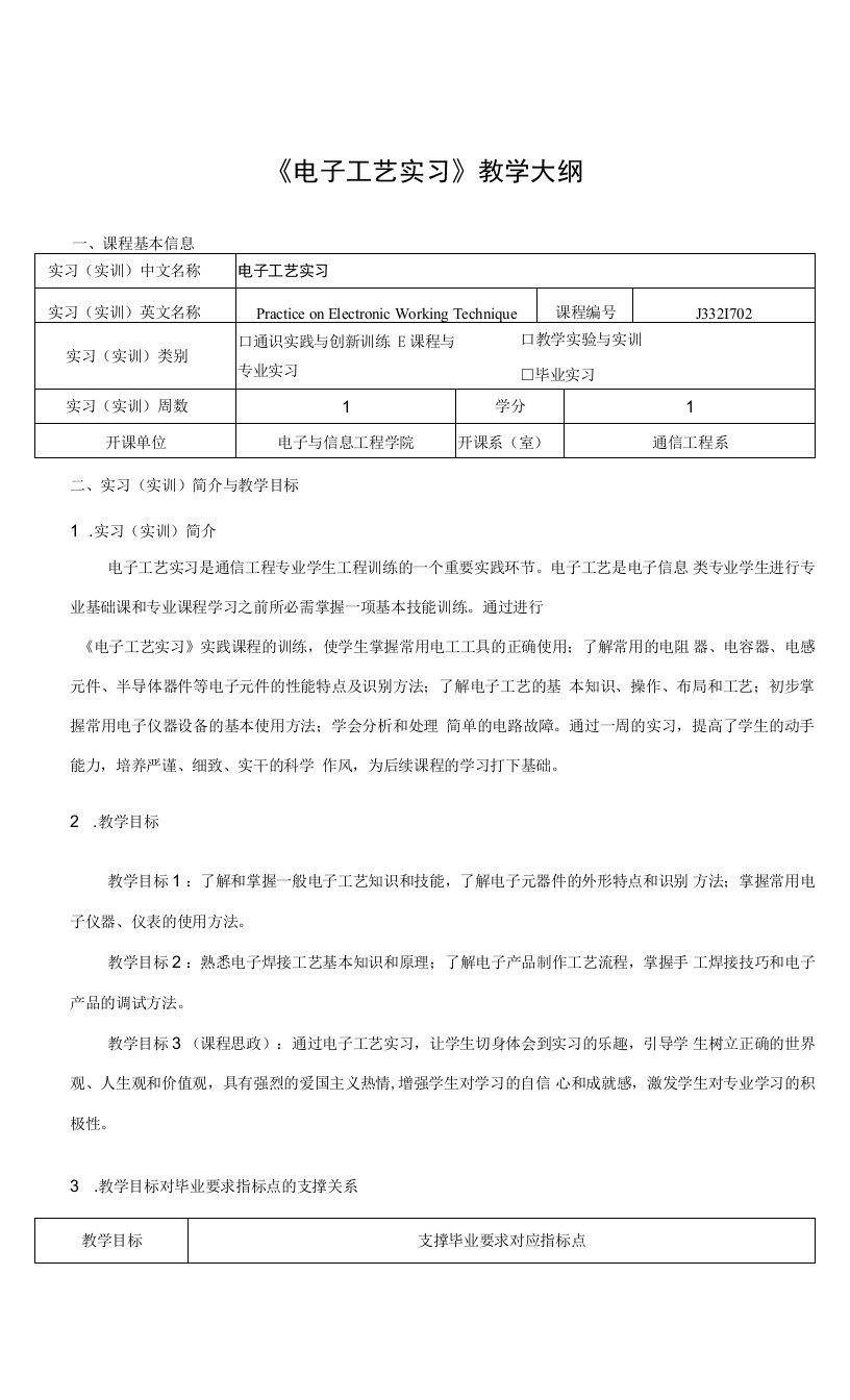 《电子工艺实习》课程教学大纲