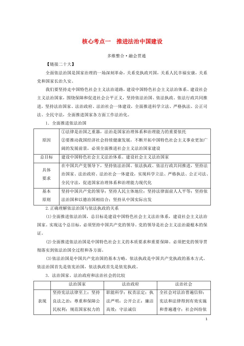 2023新教材高考政治二轮专题复习专题六依法治国__党领导人民治理国家的基本方略核心考点一推进法治中国建设教师用书