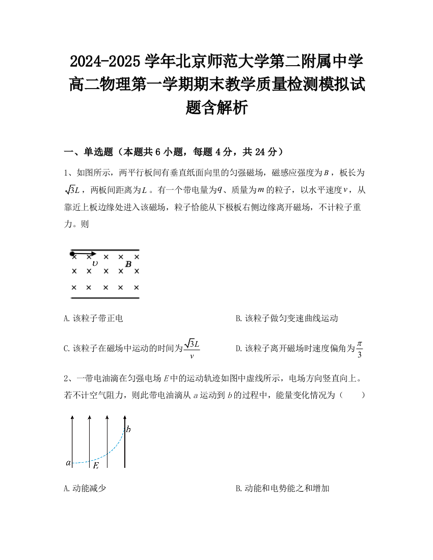 2024-2025学年北京师范大学第二附属中学高二物理第一学期期末教学质量检测模拟试题含解析