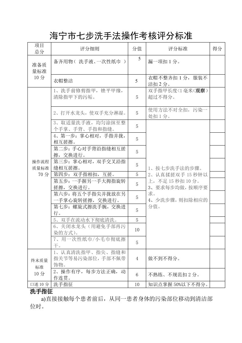 七步洗手法操作考核评分标准