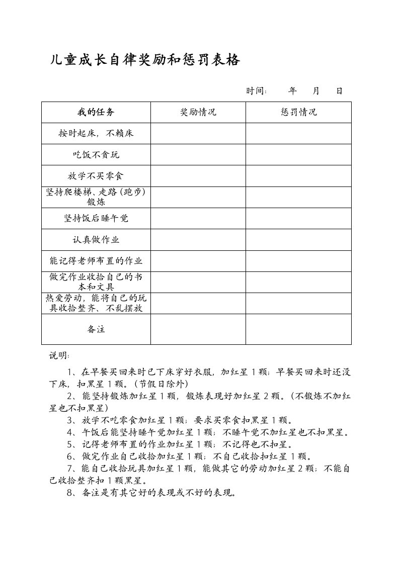 儿童成长自律奖励和惩罚表格