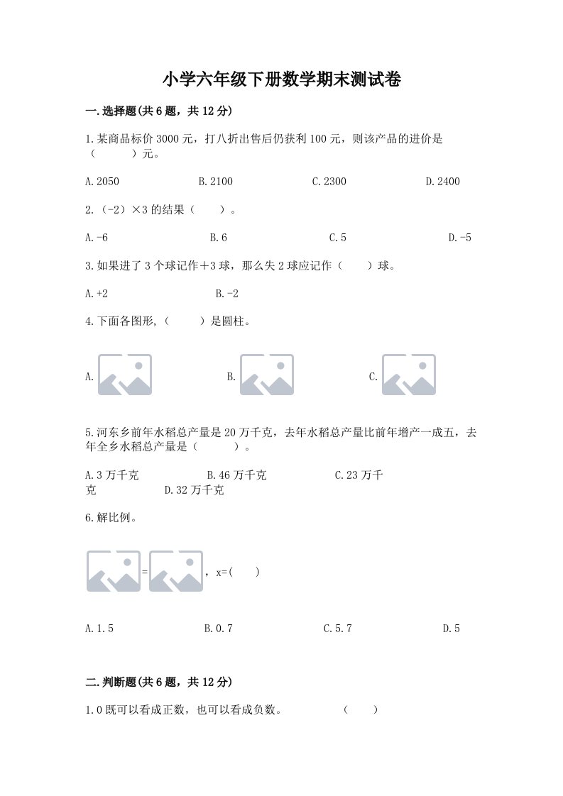 小学六年级下册数学期末测试卷（典优）