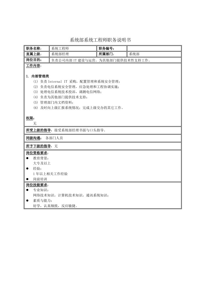 精选系统部系统工程师职务说明书