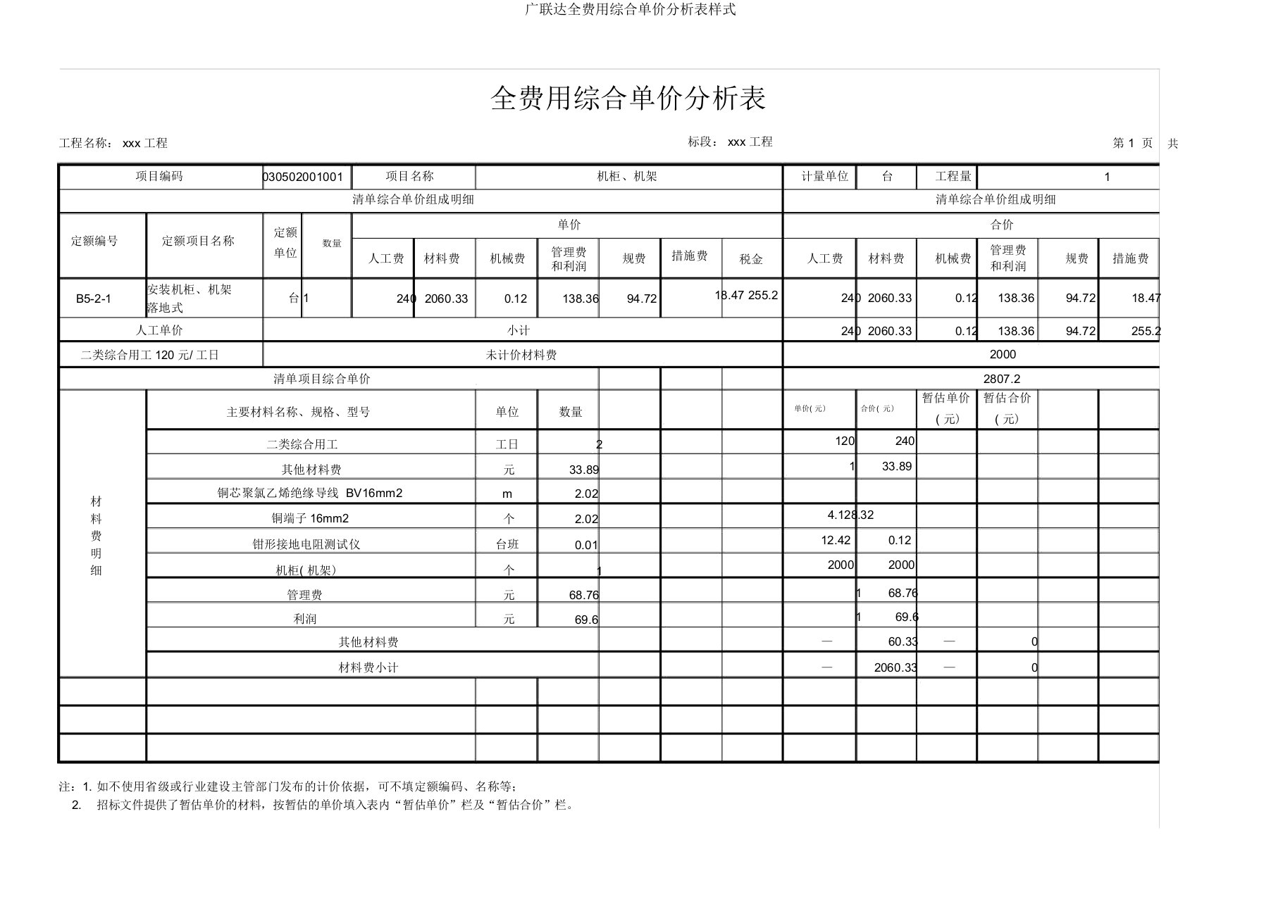 广联达全费用综合单价分析表样式