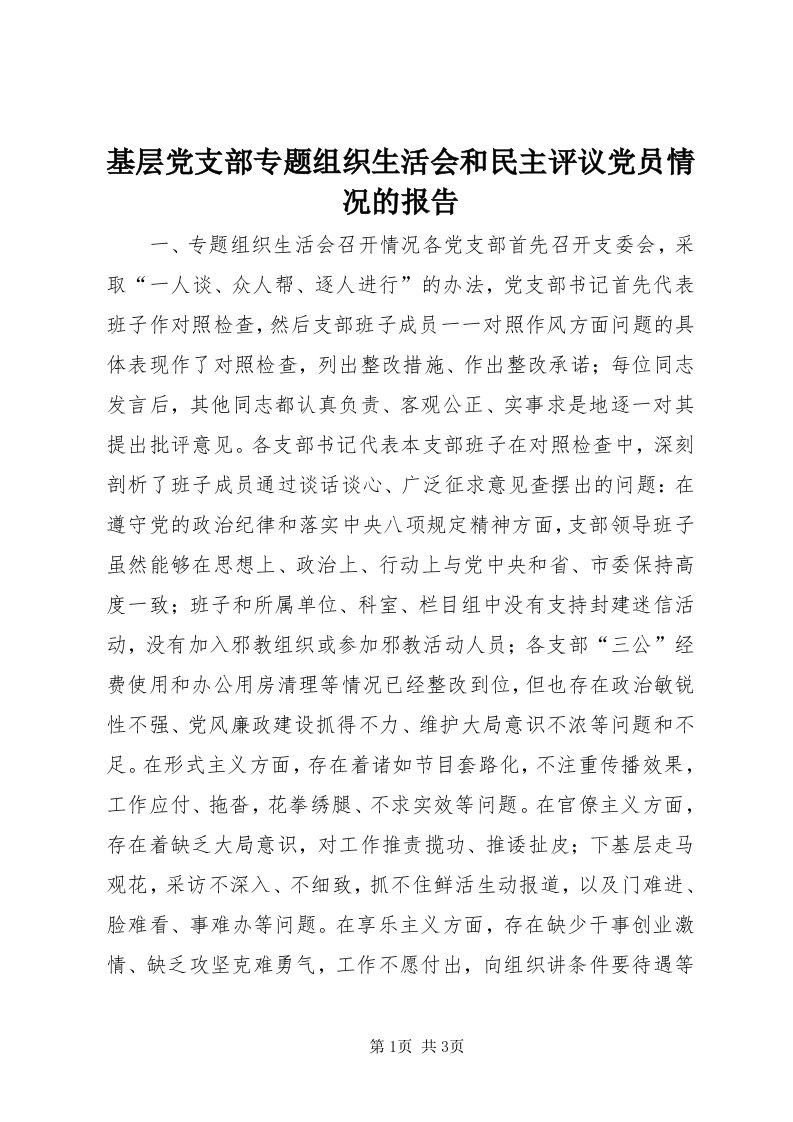 3基层党支部专题组织生活会和民主评议党员情况的报告