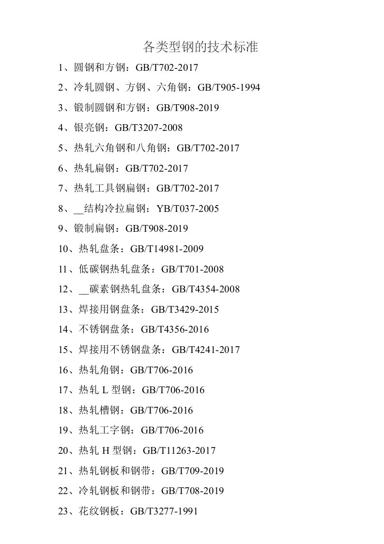 各类型钢的技术标准-2020年新版