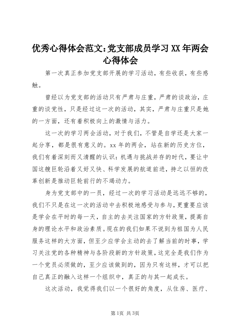 优秀心得体会范文：党支部成员学习XX年两会心得体会