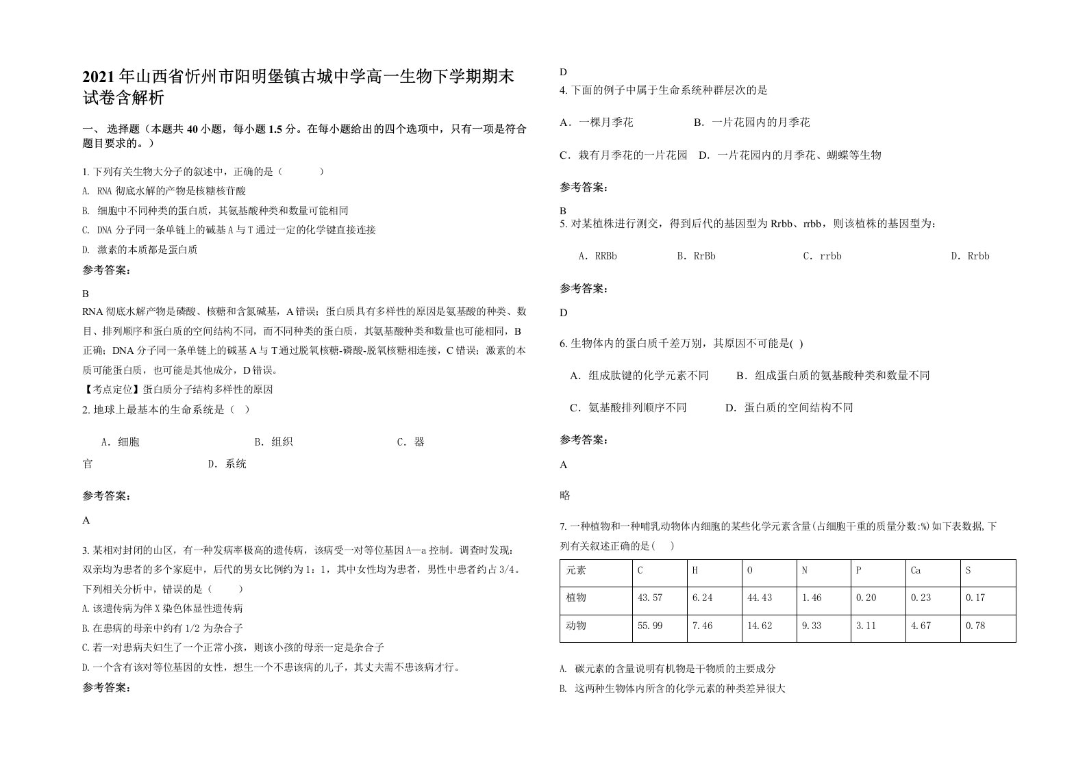 2021年山西省忻州市阳明堡镇古城中学高一生物下学期期末试卷含解析