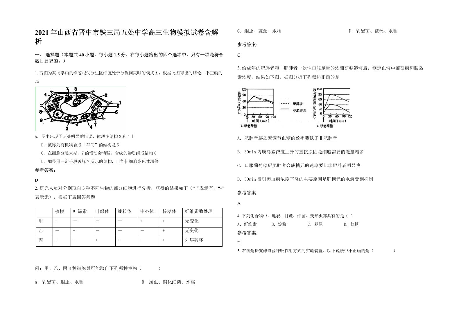 2021年山西省晋中市铁三局五处中学高三生物模拟试卷含解析