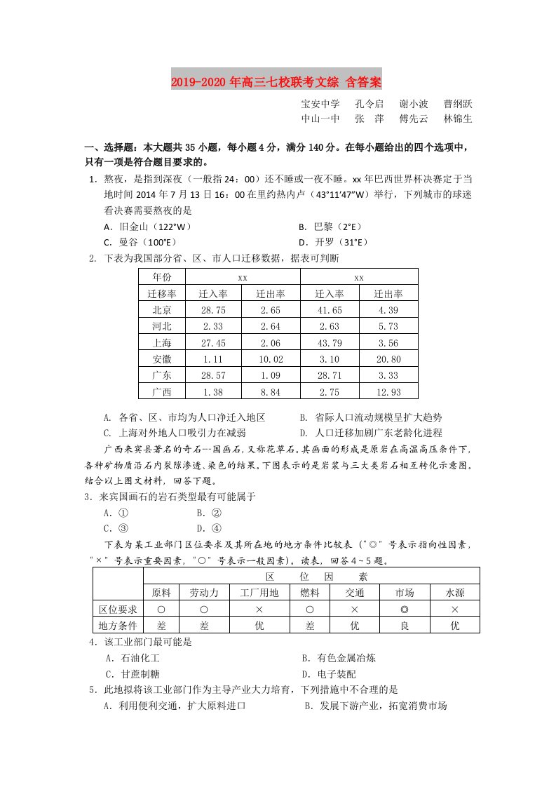 2019-2020年高三七校联考文综