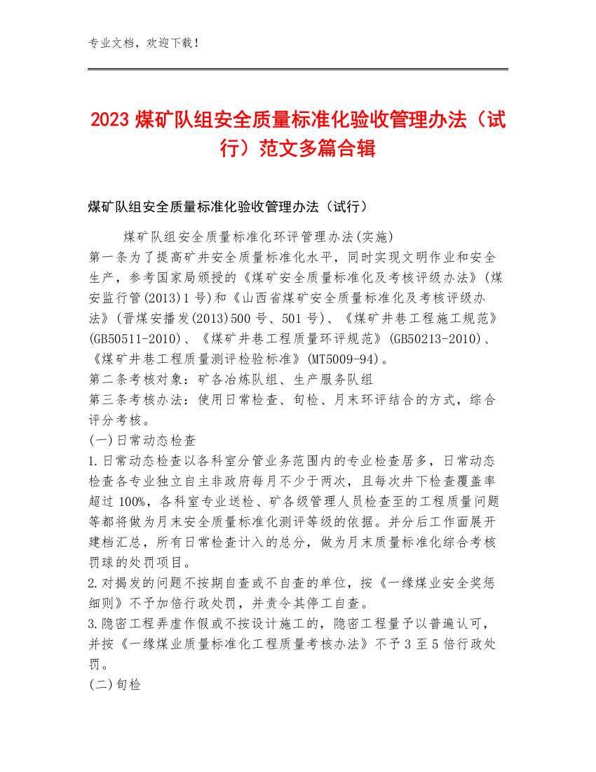 2023煤矿队组安全质量标准化验收管理办法（试行）范文多篇合辑