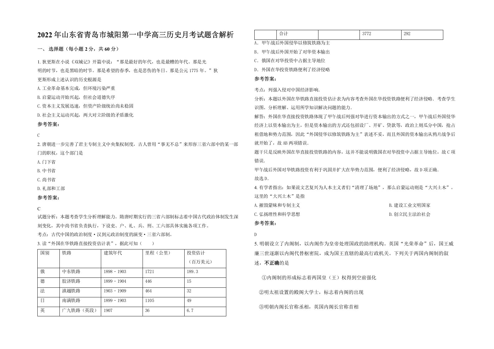 2022年山东省青岛市城阳第一中学高三历史月考试题含解析