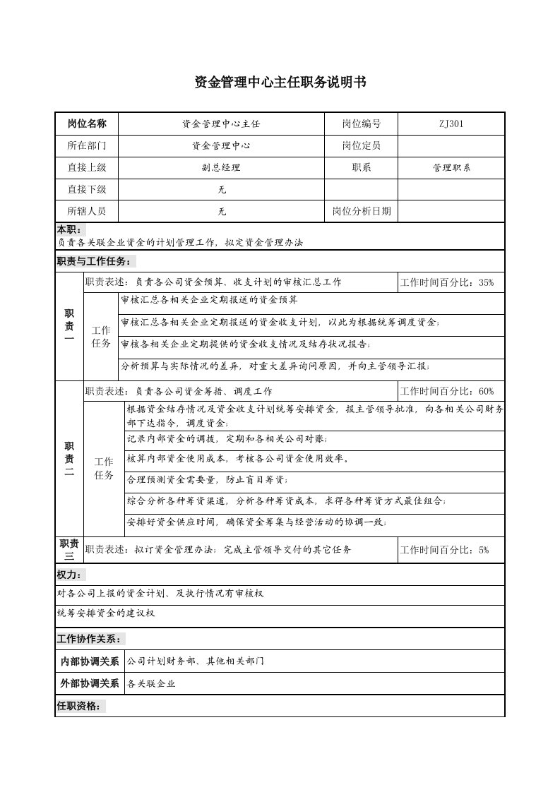 精选某地产企业资金管理中心主任岗位说明书及KPI指标