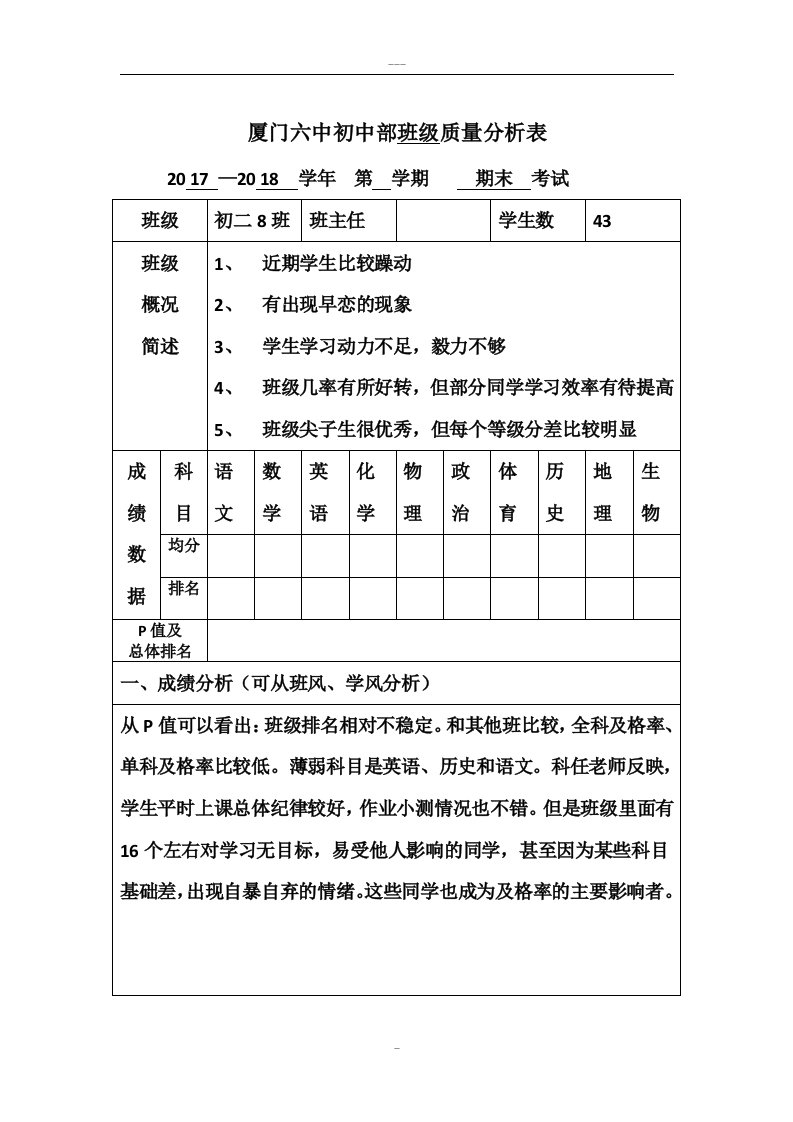 初二8班期末考试质量分析表