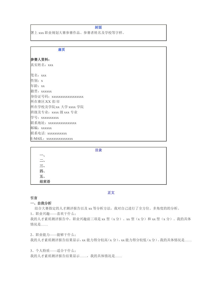 大学生职业生涯规划书模版(题目一)