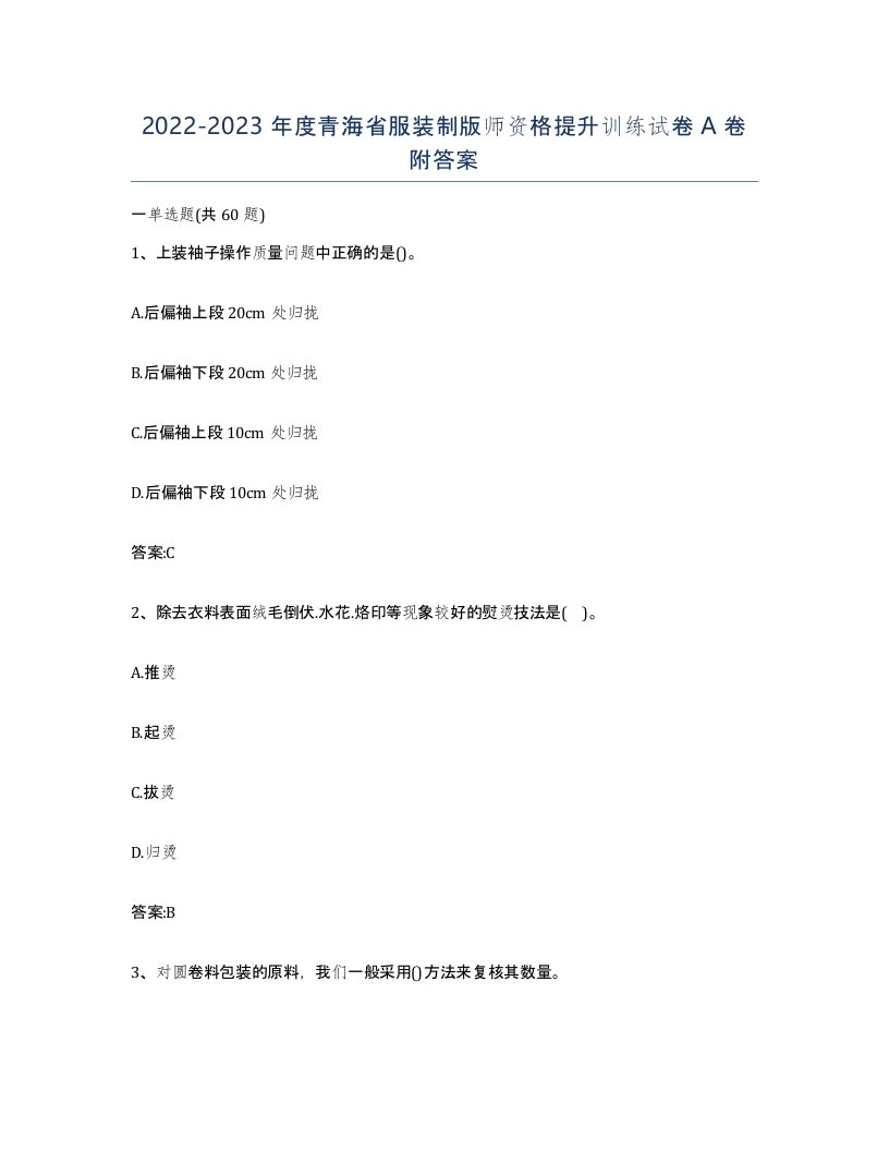 2022-2023年度青海省服装制版师资格提升训练试卷A卷附答案