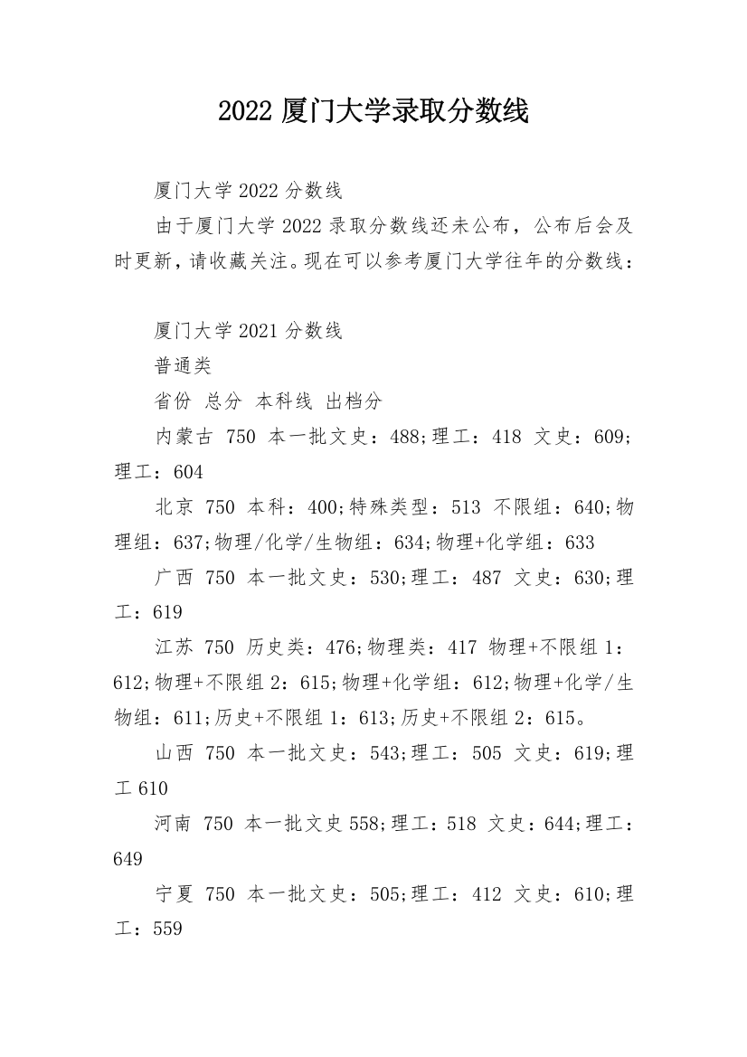 2022厦门大学录取分数线