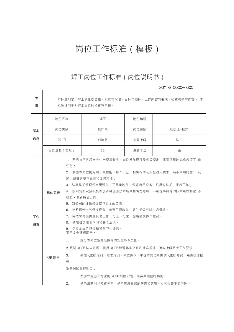 焊工-岗位工作标准