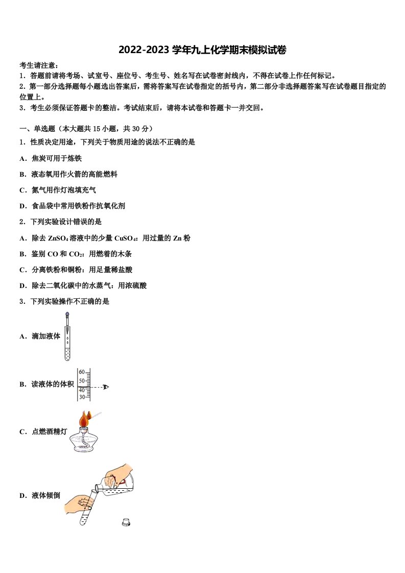 2023届湖北省枝江市九校九年级化学第一学期期末质量跟踪监视试题含解析