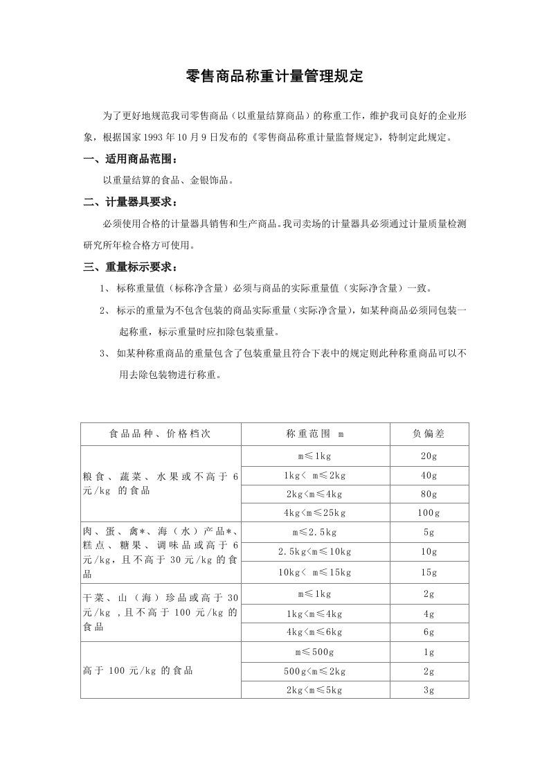 零售商品称重计量管理规定