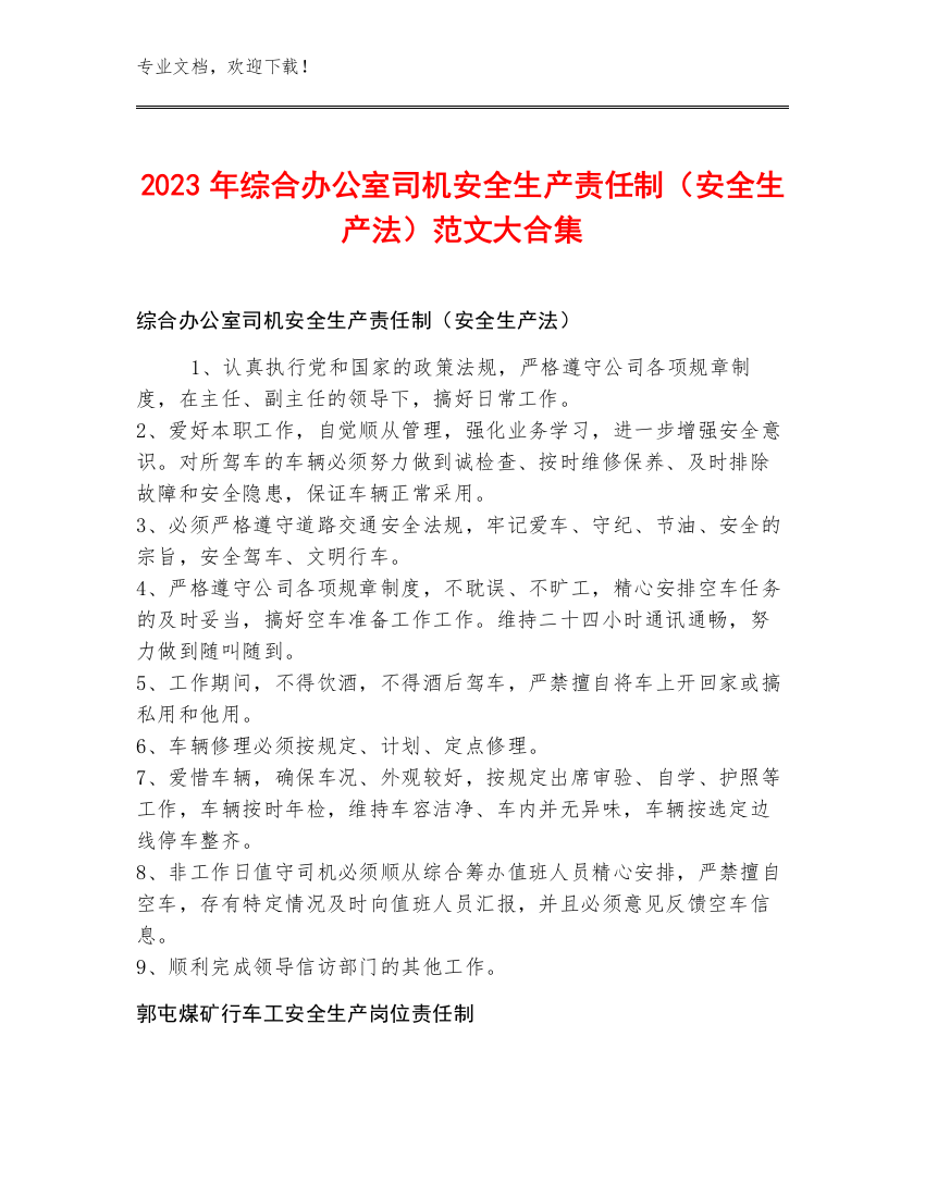 2023年综合办公室司机安全生产责任制（安全生产法）范文大合集