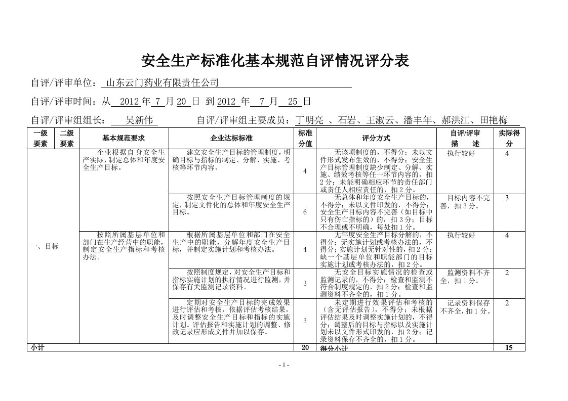 4安全生产标准化自评情况评分表