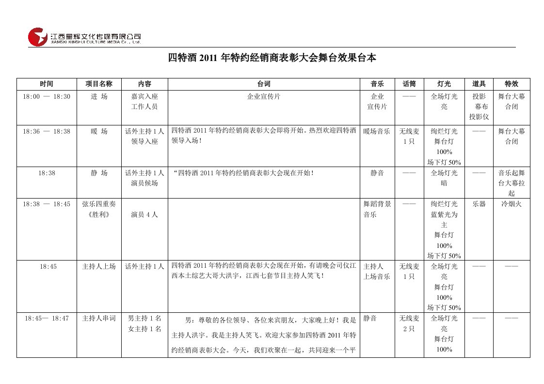 特酒2011年经销商表彰会舞台效果台本