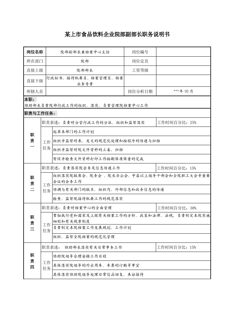 食品饮料企业院部副部长职务说明书