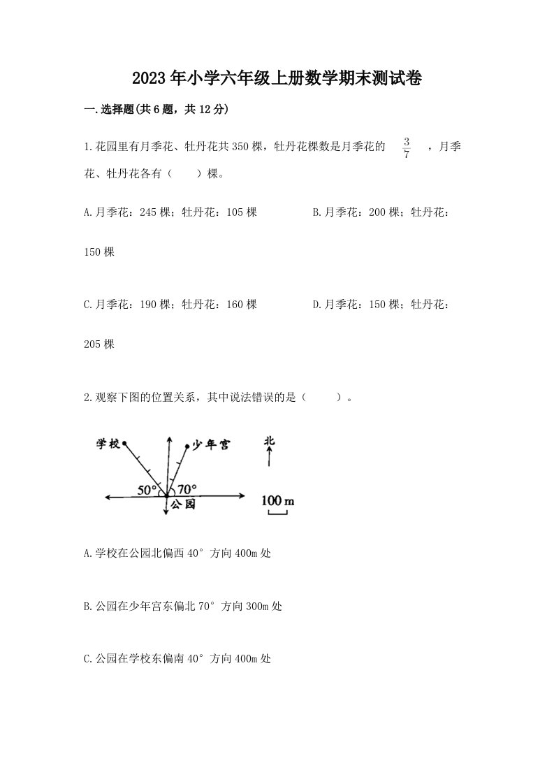 2023年小学六年级上册数学期末测试卷附答案【精练】