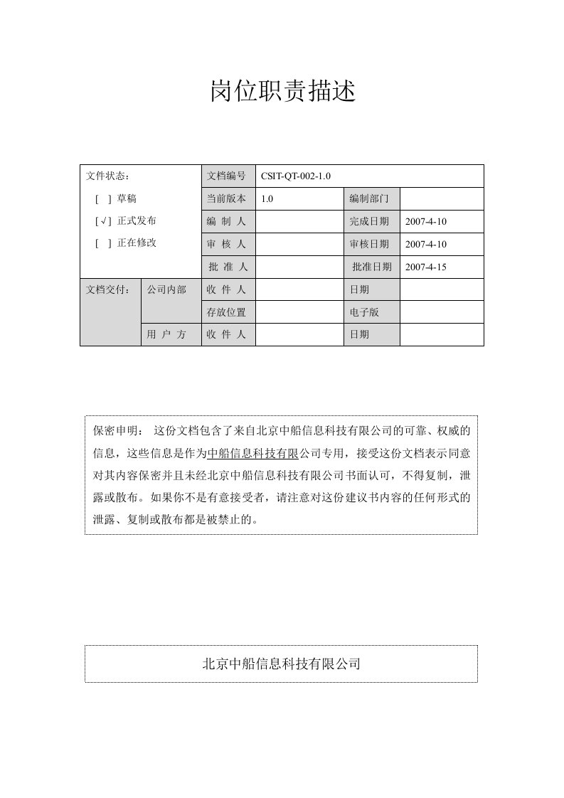 中船程序之CSIT-QT-002-1.0岗位职责描述