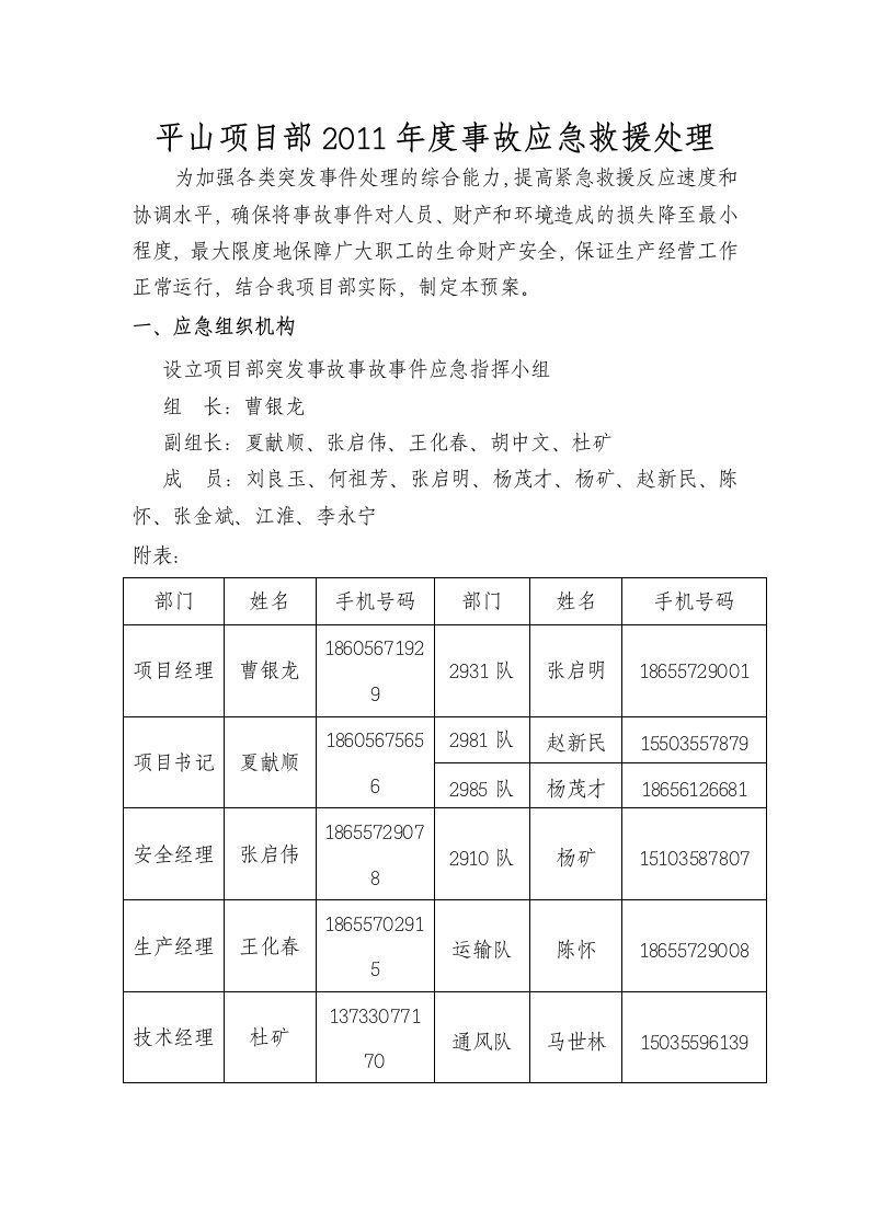 平山项目部2011年度事故应急救援处理