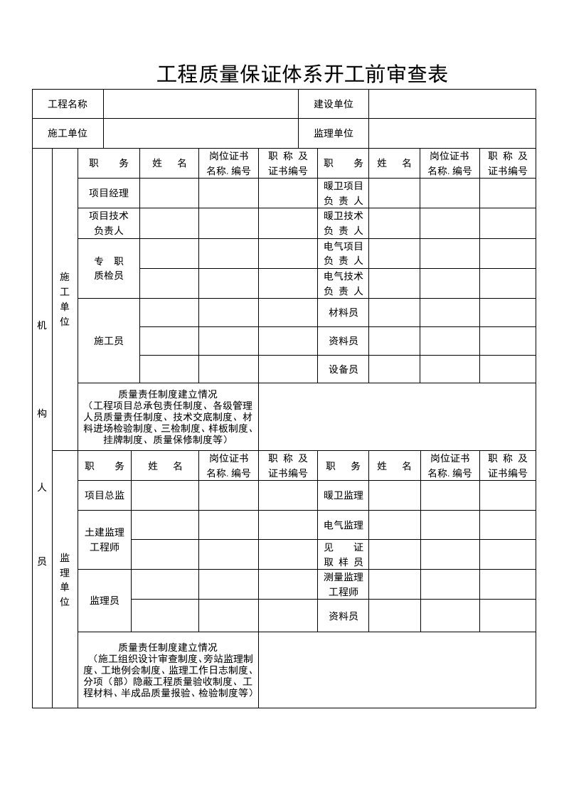 工程质量保证体系开工前审查表