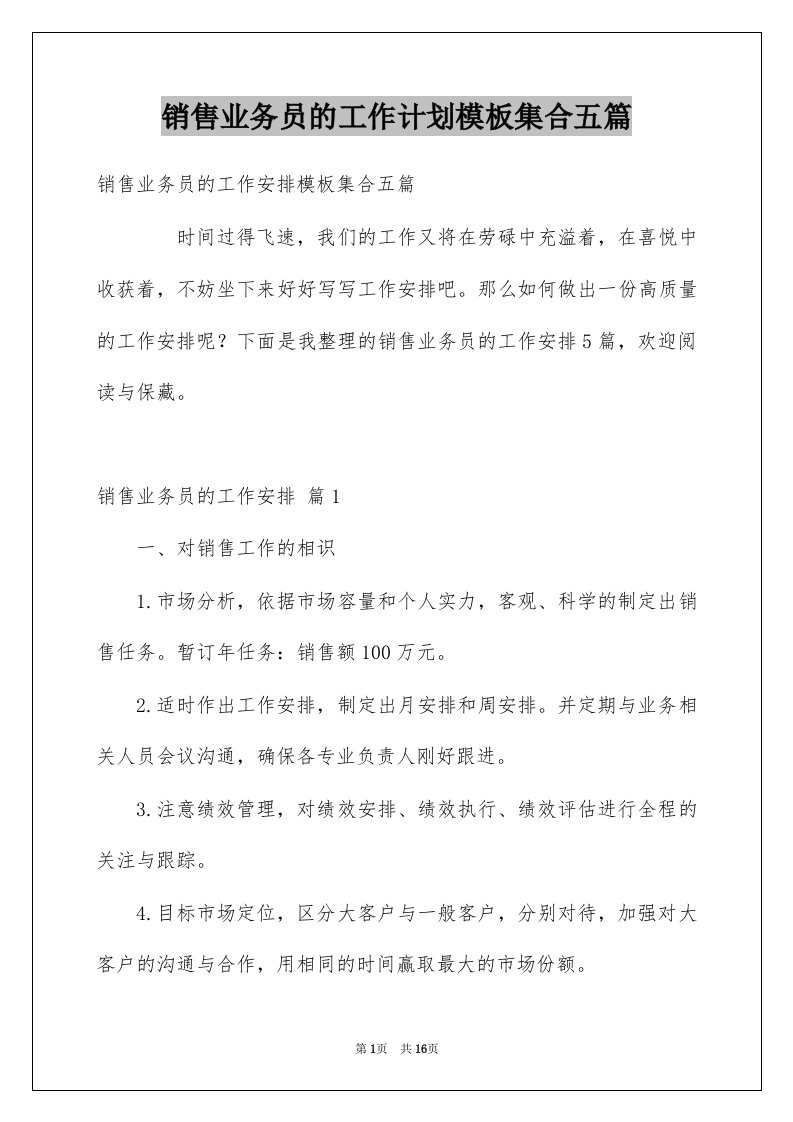 销售业务员的工作计划模板集合五篇