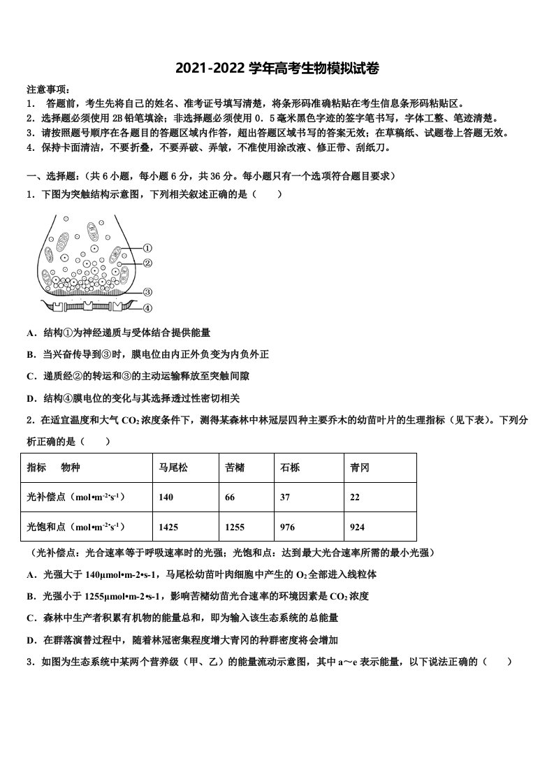 2022届福建上杭县第一中学高三第六次模拟考试生物试卷含解析