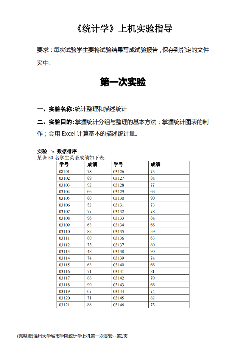 (完整版)温州大学城市学院统计学上机第一次实验