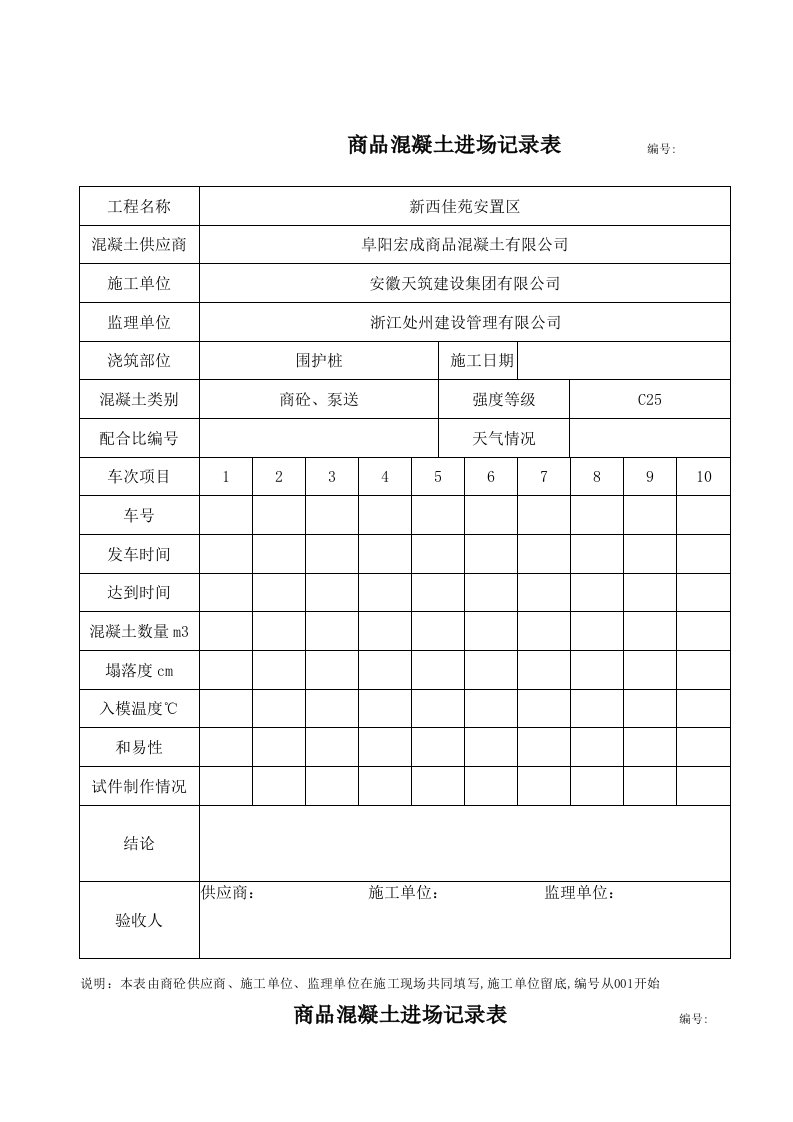 新商品混凝土进场验收记录表