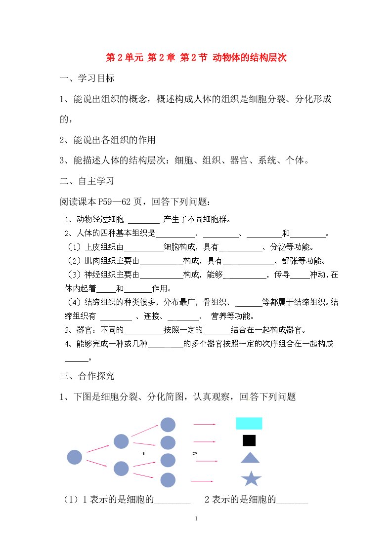 第2节_动物体的结构层次导学案_(新版)新人教版