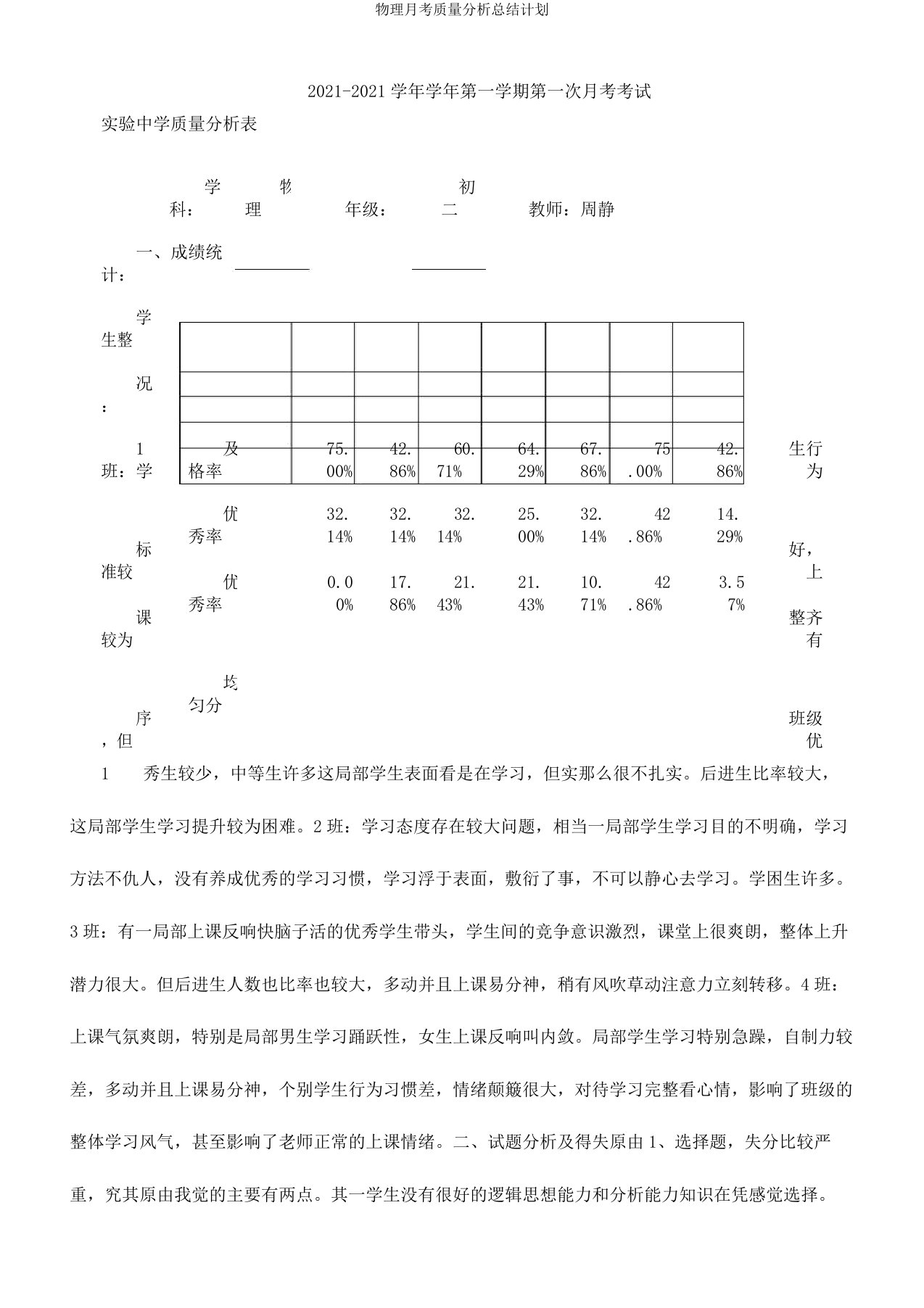 物理月考质量解析总结计划